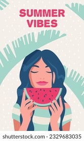 Summer vibes. Summer time, vacation, sea. Woman with a piece of watermelon. Vector illustration in a minimalistic style, postcard, poster