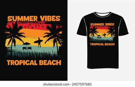 
Summer Vibes Tropical Beach Retro T-Shirt design . Summer vibes tropical beach, surfing, Sea Beach, Surf Paradise, typography retro vintage sunglasses trendy t-shirt design . 
