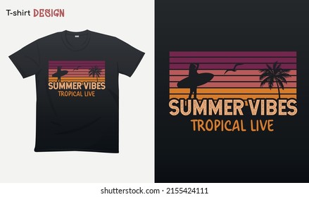 "Summer vibes tropical live". Funny summer vibes illustration . Retro style . Retro sunset Illustration. T-shirt mock up vector. Eps 10 vector