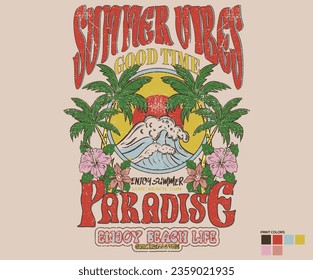 Summer vibes t-shirt design. Palm tree with flower graphic art. Tropical paradise print design.