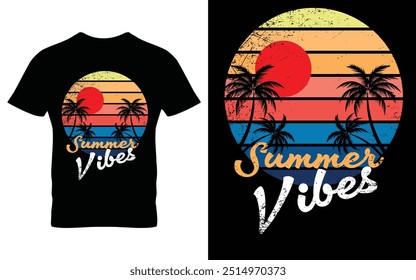 Design de camiseta Summer Vibes. Retro e vintage verão vibes t-shirt design em forma de círculo com palmeira, praia do mar, e ilustração do vetor do pôr do sol