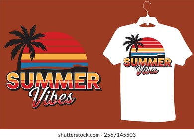 Summer vibes t-shirt design vector cheerful illustration. Creative summer vibes t-shirt collection