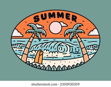 Summer vibes with the twin coconut and surfboard design for t-shirt, badge, sticker, etc  vector illustration