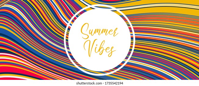 Summer Vibes Typography Design on Colorful Wave Lines Template Background. Can be used for Web Design, Banner, Party Flyer or Social Media. Vector Illustration.
