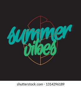 Summer vibes typography with green leaf on dark background. vector illustration.