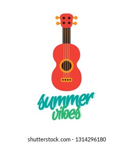 Summer vibes typography with mini guitar. vector illustration.