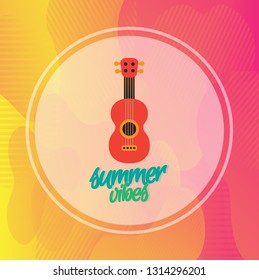 Summer vibes typography with mini guitar and colorful background. vector illustration.