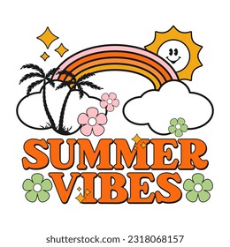 summer vibes typography quotes retro style with Palm tree and smiling sun icon. perfect for t-shirt, poster, sticker , greeting card