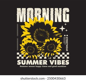 summer vibes typography slogan with sunflowers vector illustration on black background for t shirt, streetwear, hoodie, etc