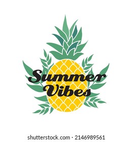 summer vibes typography test poster with pineapple fruit and tropical leaves background vector