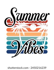 Summer Vibes Typography t-shirt design, Summer vibes vintage vector illustration print design, sunshine beach artwork, summer good vibes tree and sun print t shirt design