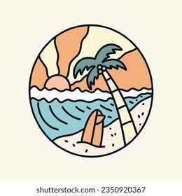 summer vibes vector art. the coconut, surfboard, and wave mono line design