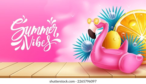 Summer vibes vector background. Summer vibes text in empty space with flamingo inflatable floater element. Vector illustration summer vibes background.
