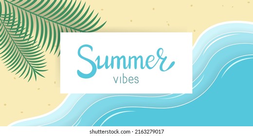 Summer vibes vector banner with paper cut effect. Palms leaves and seashore background