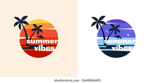 Summer vibes. Vector clipart with palm trees, sea, sky and umbrella