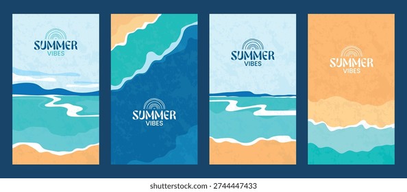 Summer vibes vector collection. Minimalist beach landscapes with ocean waves, sand, and tropical sea views for social media stories and posters. Vector illustration.