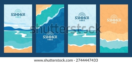 Summer vibes vector collection. Minimalist beach landscapes with ocean waves, sand, and tropical sea views for social media stories and posters. Vector illustration.