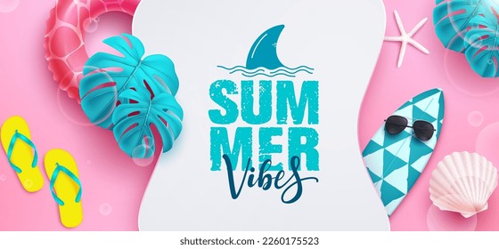 Summer vibes vector deign. Summer vibes text in white empty space with surfboard and floater elements in background. Vector illustration summer template.
