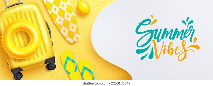 Summer vibes vector design. Summer vibes text in empty space with beach vacation element in background. Vector illustration summer template.
