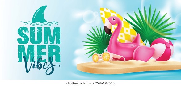 Summer vibes vector design. Summer vibes text in island with flamingo, beach ball and surfboard element. Vector illustration summer holidays design.
