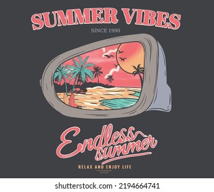 Summer vibes vector graphic print design for apparel, sticker, poster, background and others. Car looking glass t-shirt artwork design. Beach watercolor  artwork.