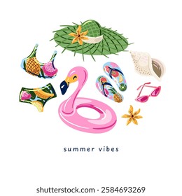 Summer vibes vector greeting card with flamingo, sun hat and swimming suit. Vector summer illustration