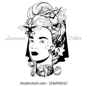 Summer vibes. Vector hand drawn illustration of pretty woman isolated. Creative tattoo artwork. Template for card, poster. banner, print for t-shirt, pin, badge, patch.
