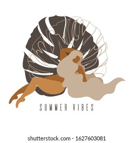 Summer vibes. Vector hand drawn illustration of fat woman with palm leaf. Creative artwork made in flat style.  Template for card, poster, banner, print for t-shirt, coloring,  patch.