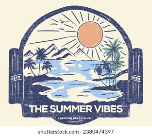 Summer vibes vector print design for t shirt and others. Beach graphic print design for apparel, stickers, posters and background. flower and sun artwork. 