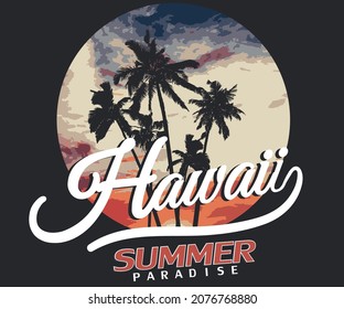 Summer vibes vector t shirt design. Palm tree with gradient sky design. Hawaii beach graphic artwork for  apparel, poster, sticker and others uses.