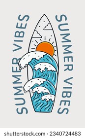 arte del tema vectorial de los vibes de verano. ilustración vectorial de la onda dentro de la forma de tabla de surf. diseño para pegatinas de camisetas y otros