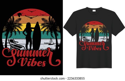 Summer vibes vector typography t-shirt design. Perfect for print items and bags, poster, cards, banner, Handwritten vector illustration. Isolated on black background