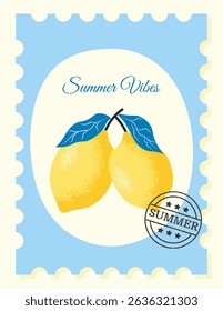 Cartaz vertical das vibrações de verão. Cartaz vertical com limão e folhas. Mediterrâneo, conceito La dolce vita. Ilustração vetorial
