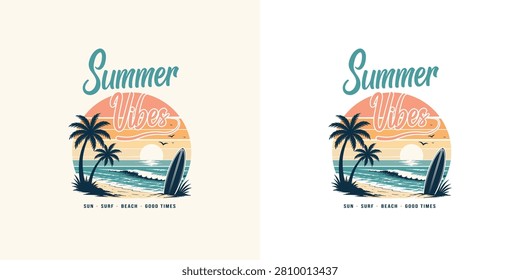 Summer Vibes Vintage Beach T Shirt Design with Surfboard Ocean Sunset Retro Tropical Coastal Illustration