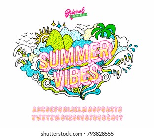 'Summer Vibes' Vintage Bright and Happy Sans Serif Hipster Alphabet. Retro Typography with Texture and Good Vibes. Vector Illustration.