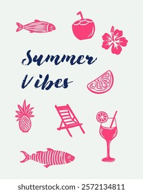 Summer vibes vintage element beach stuff collection vector illustration clip art isolated fabric paper print art editable