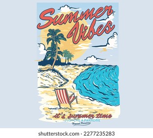 Summer vibes. Summer vintage graphic print design. Beach vibes with board print design. Hand sketch beach vector design.