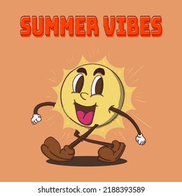 Summer vibes. walking sun cartoon mascot vector illustration with face. for vintage retro logos and branding. funky vintage style cartoon face vector illustration