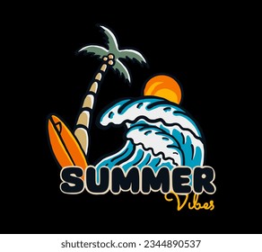 summer vibes. the wave and coconut vibes vector design for t shirt badge patch illustration