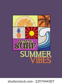 Summer Vibes wave surf typography Beach Illustration beach elements fruits waves palm tree sun
