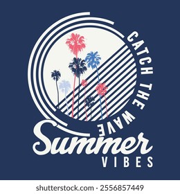 Summer Vibes in waves, text with a waves illustration, for t-shirt prints, posters. Summer Beach Vector illustration. long beach California summer time,