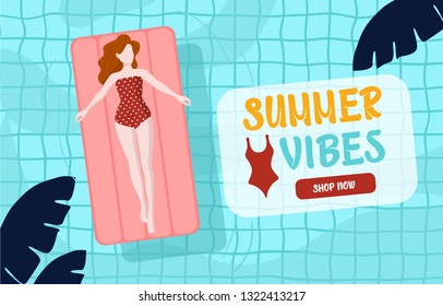 Summer vibes web template banner.  Think summer vibes, poolside. Beauty and Pool. Vector illustration