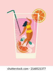 Summer vibes, woman diving fun against the huge glass of pink cocktail, fruit smoothie, swimming in the pool, drinking cold beverage on the beach