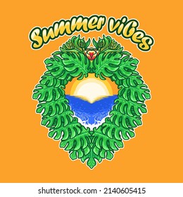 Summer Vibes Wreath of Monstera Leaves on the Beach Vector Illustration