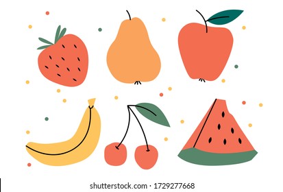 Summer vibes.Summer fruits and berries. Banana, apple, pear, cherry, strawberry, watermelon. Summer mood. Perfect for greetings, cards, posters, congratulations, tea shop or store
