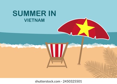 Summer in Vietnam, beach chair and umbrella, vacation or holiday in Vietnam, vacation concept vector design, summer holiday, sea sand sun, travel and tourism idea