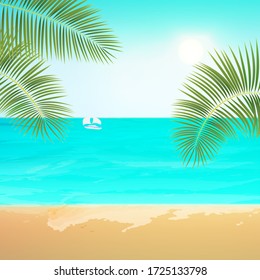 Summer view of the beach . Tropical background for summer holidays. Square format. Sea, sand, sky, plane, wave, sun, palm leaves. Stock vector illustration.