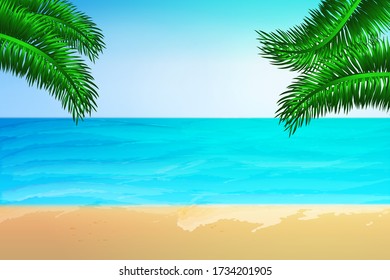 Summer view of the beach . Tropical background for summer holidays. Sea, sand, sky, plane, wave, sun, palm leaves. Stock vector illustration.