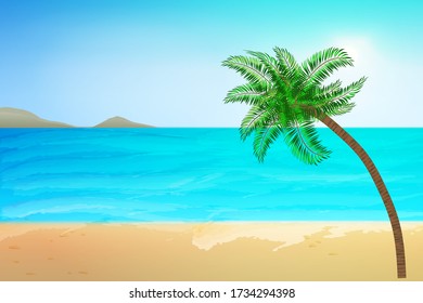 Vistas de verano a la playa. Fondo tropical para las vacaciones de verano. Mar, arena, cielo, ola, sol, palmera, montaña. Ilustración vectorial de material.