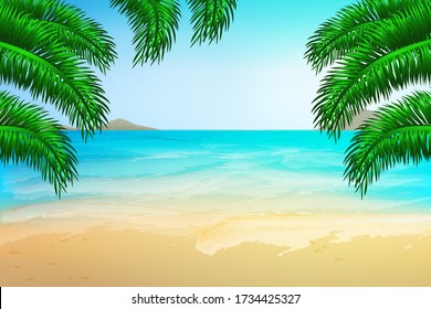 Summer view of the beach. Tropical background for summer holidays. Sea, sand, sky, wave, sun, palm, mountain. Stock vector illustration.